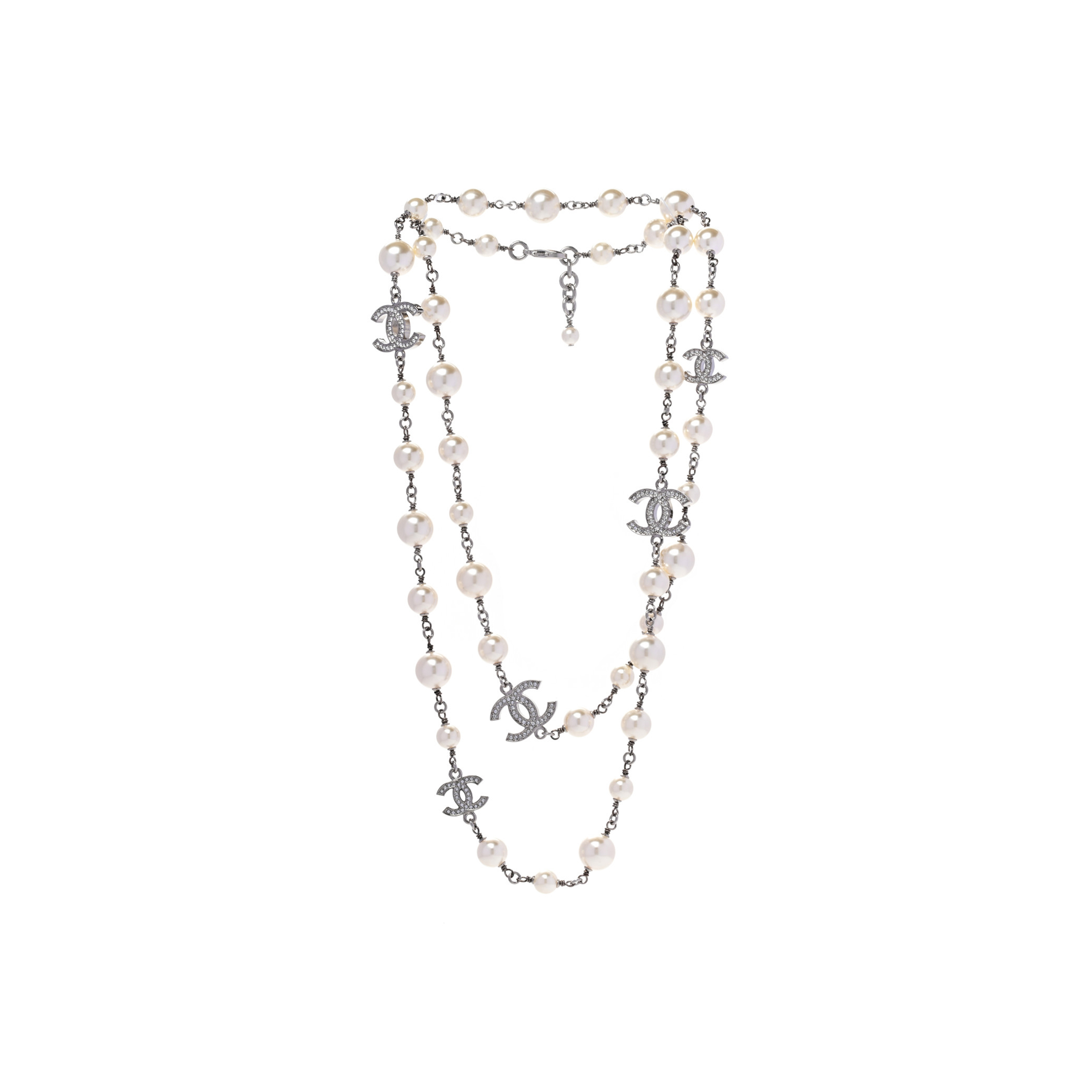 Ch*el graduated pearl crystal cc long necklace silver